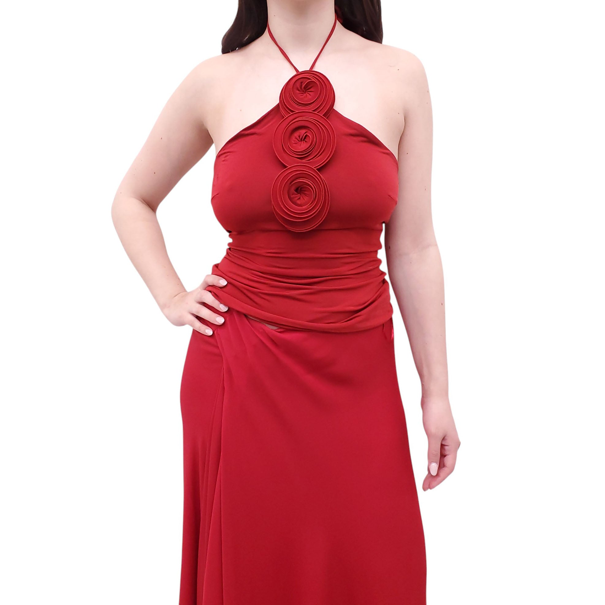 MAGDA BUTRYM RED ROSETTE HALTER TOP - SIZE 38  Rewind Couture
