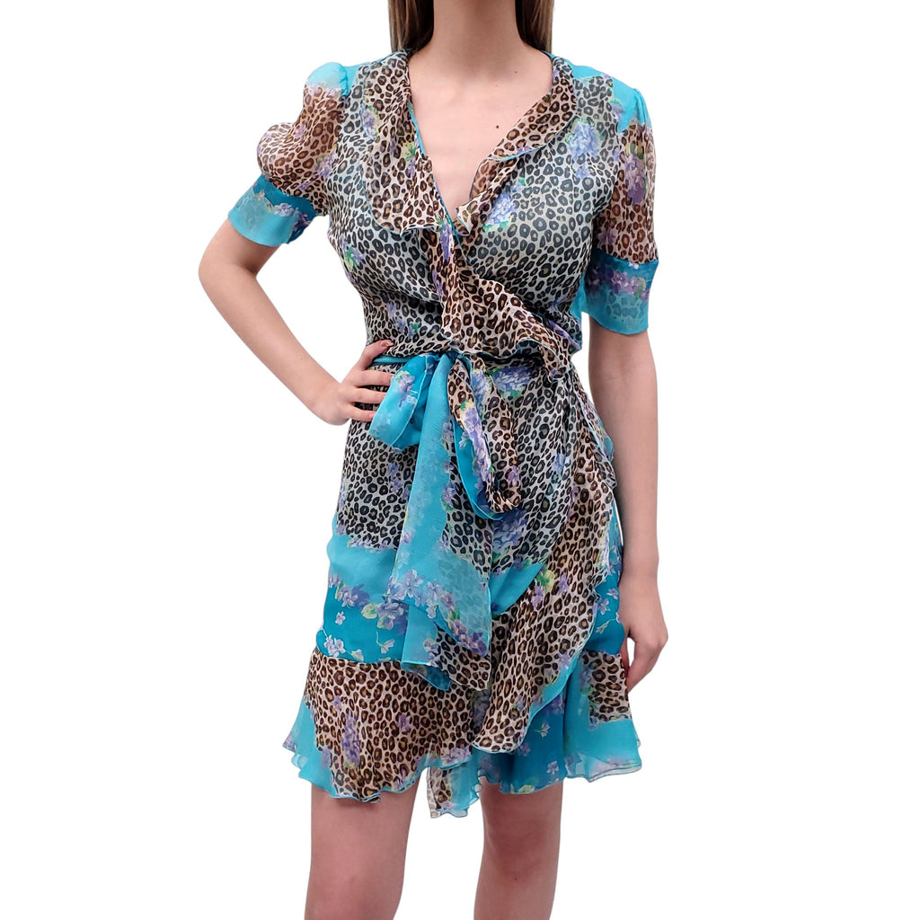 BLUMARINE TEAL AND LEOPARD SILK RUFFLE DRESS - SIZE M