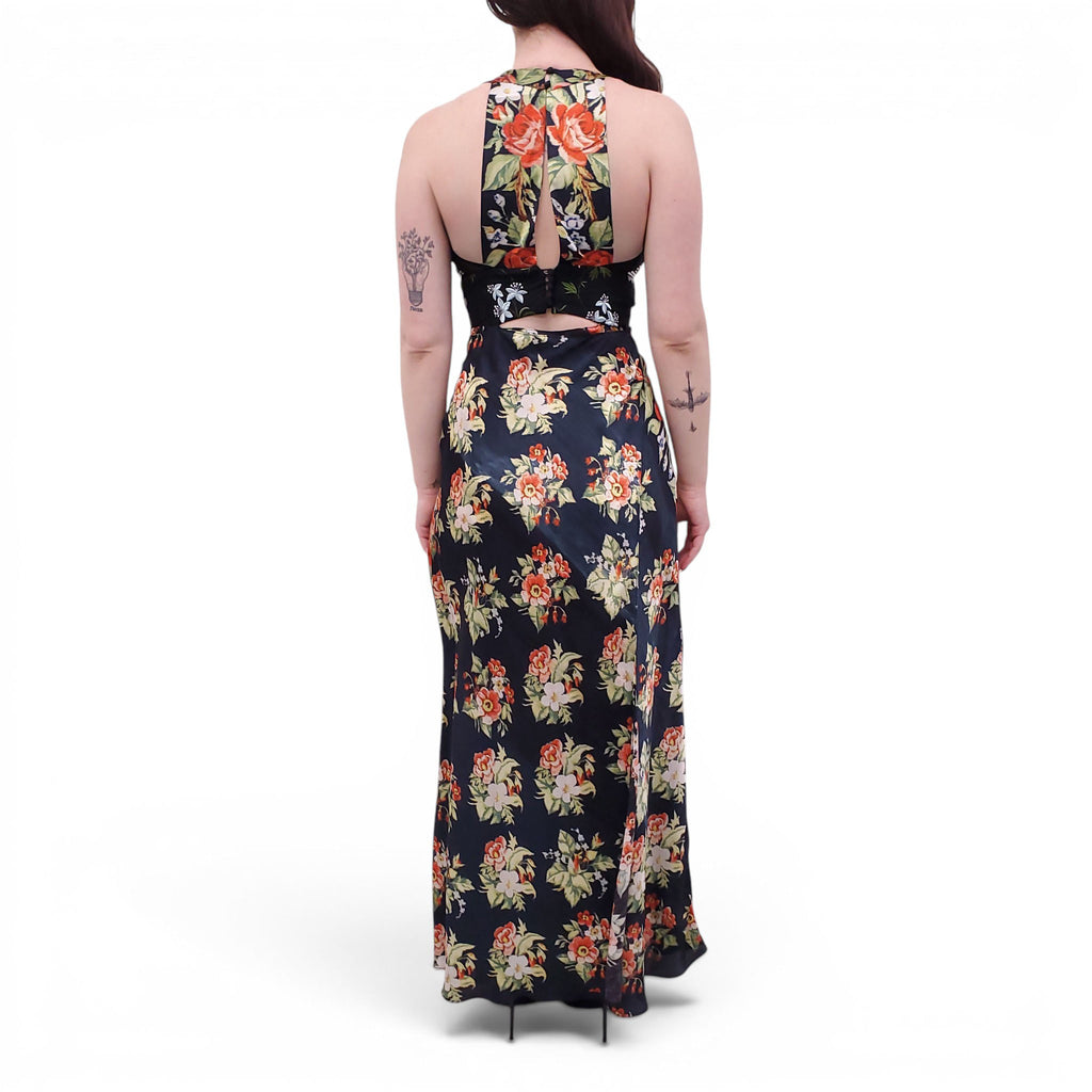 PACO RABANNE BLACK FLORAL DRESS WITH SILVER SEQUIN DETAIL - SIZE 36