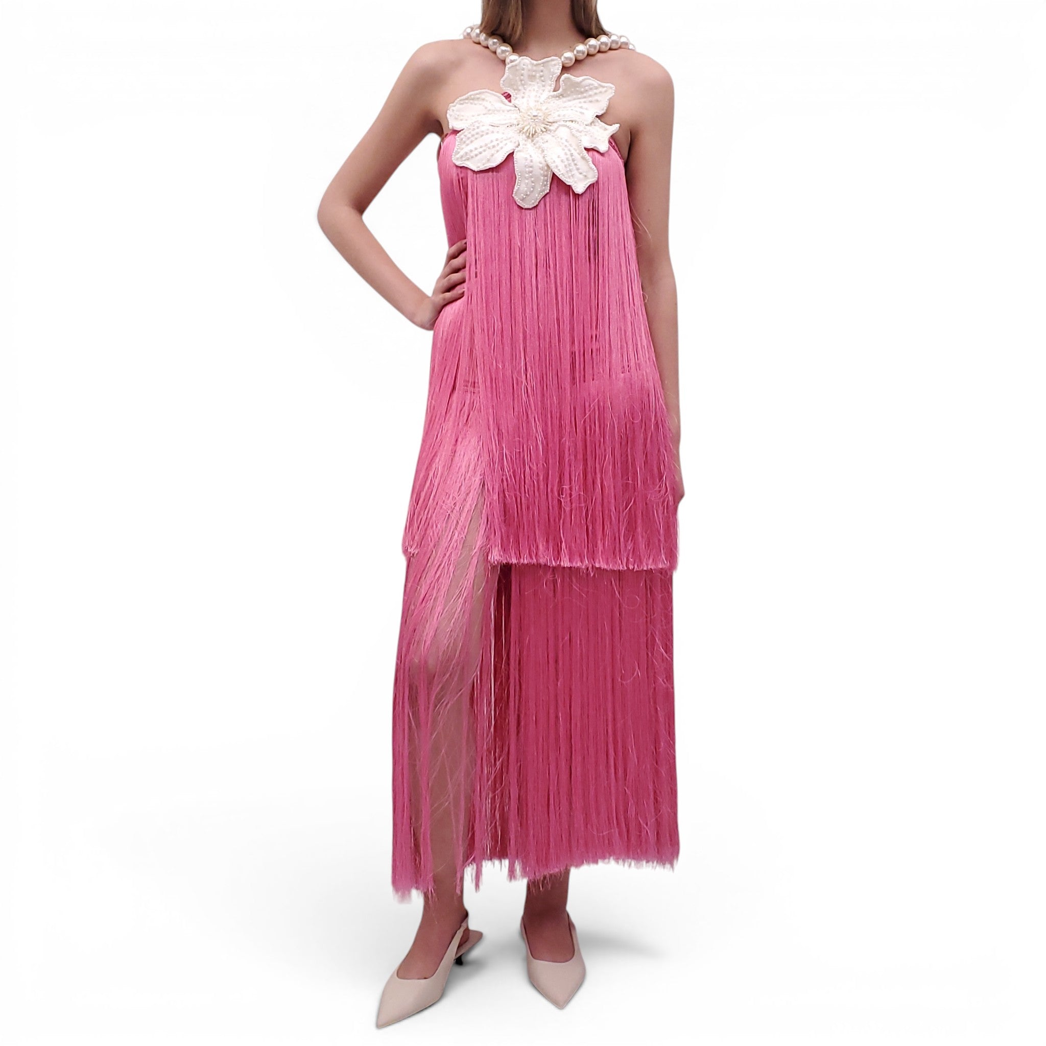 PATBO PINK FRINGE DRESS WITH PEARLS AND BEADED FLOWER DETAIL - SIZE 0 Rewind Couture PATBO PINK FRINGE DRESS WITH PEARLS AND BEADED FLOWER DETAIL - SIZE 0 Rewind Couture