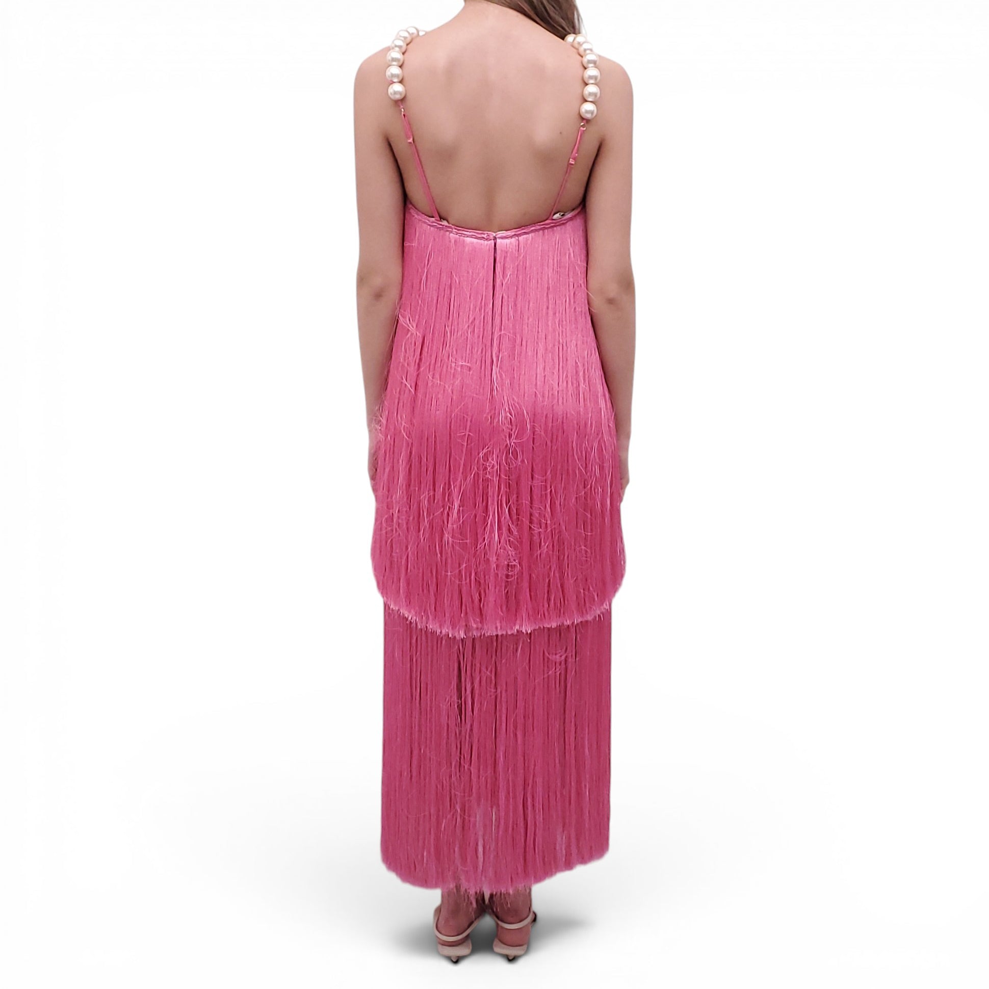 PATBO PINK FRINGE DRESS WITH PEARLS AND BEADED FLOWER DETAIL - SIZE 0 Rewind Couture PATBO PINK FRINGE DRESS WITH PEARLS AND BEADED FLOWER DETAIL - SIZE 0 Rewind Couture