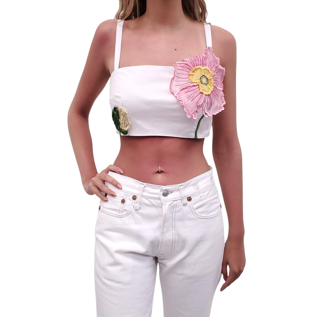 OSCAR DE LA RENTA CROPPED FLORAL COTTON BLEND POPLIN TOP - SIZE 6