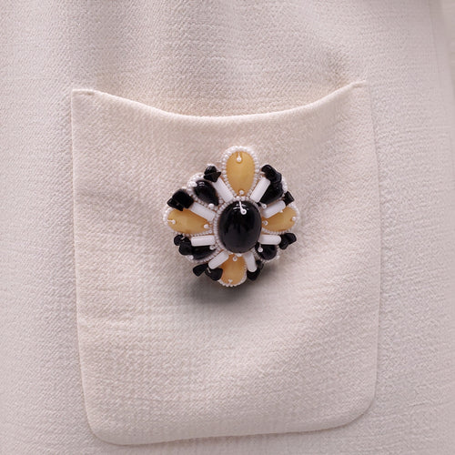 ANDREW GN CREAM DRESS WITH YELLOW AND BLACK BEADING - SIZE 42