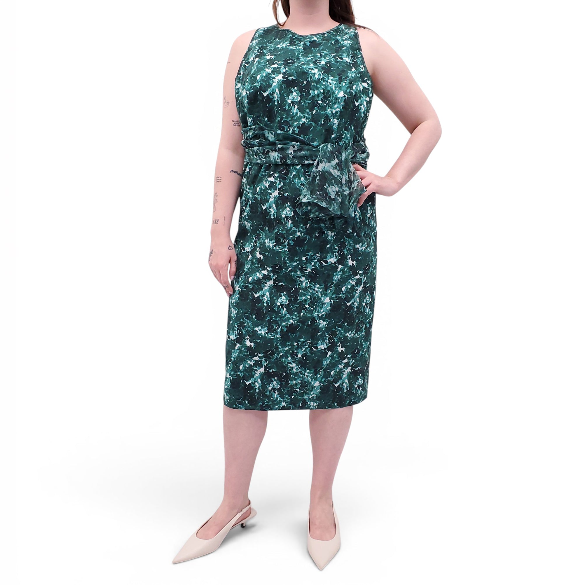 GIAMBATTISTA VALLI GREEN FLORAL DRESS WITH RIBBON SILK DETAIL - SIZE 38