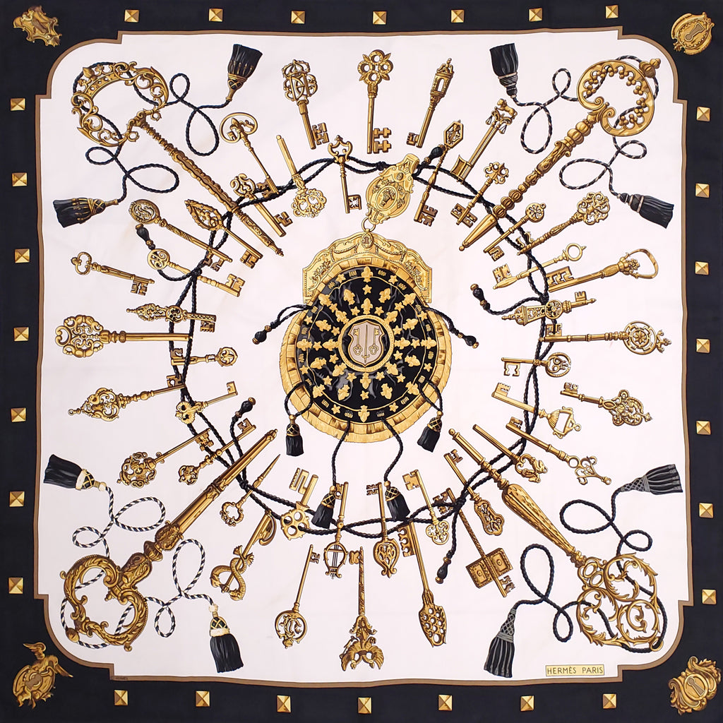 HERMÈS CREAM AND BLACK KEY PATTERNED SILK SCARF