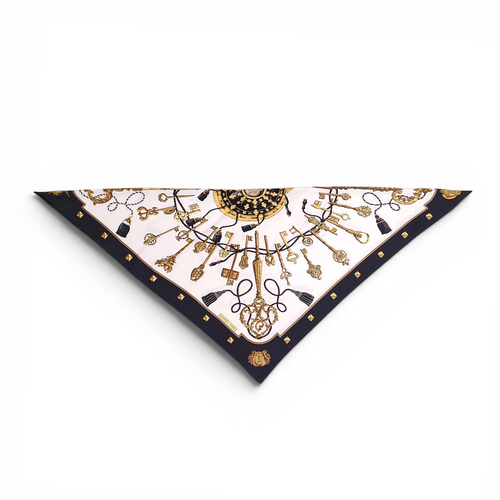 HERMÈS CREAM AND BLACK KEY PATTERNED SILK SCARF