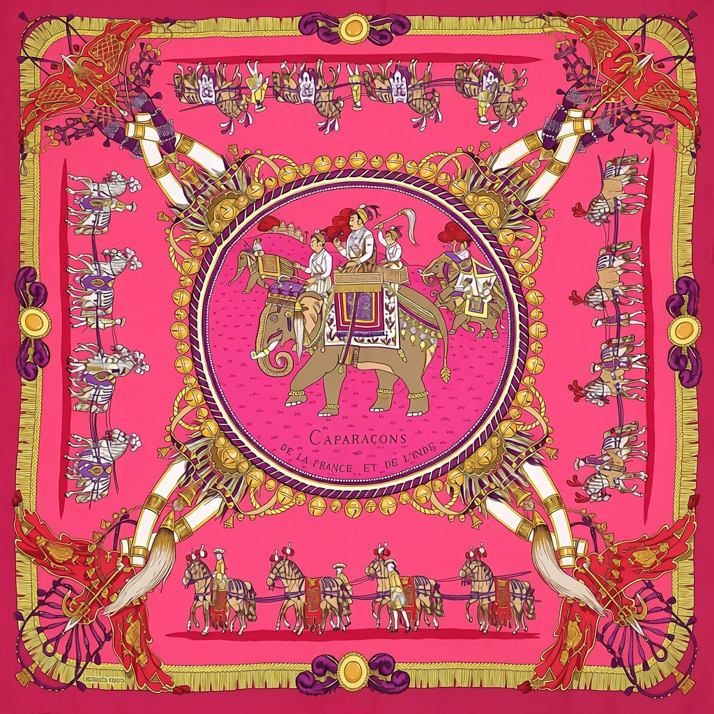 HERMÈS FUCHSIA PINK 'CAPARAÇONS' PATTERNED SCARF