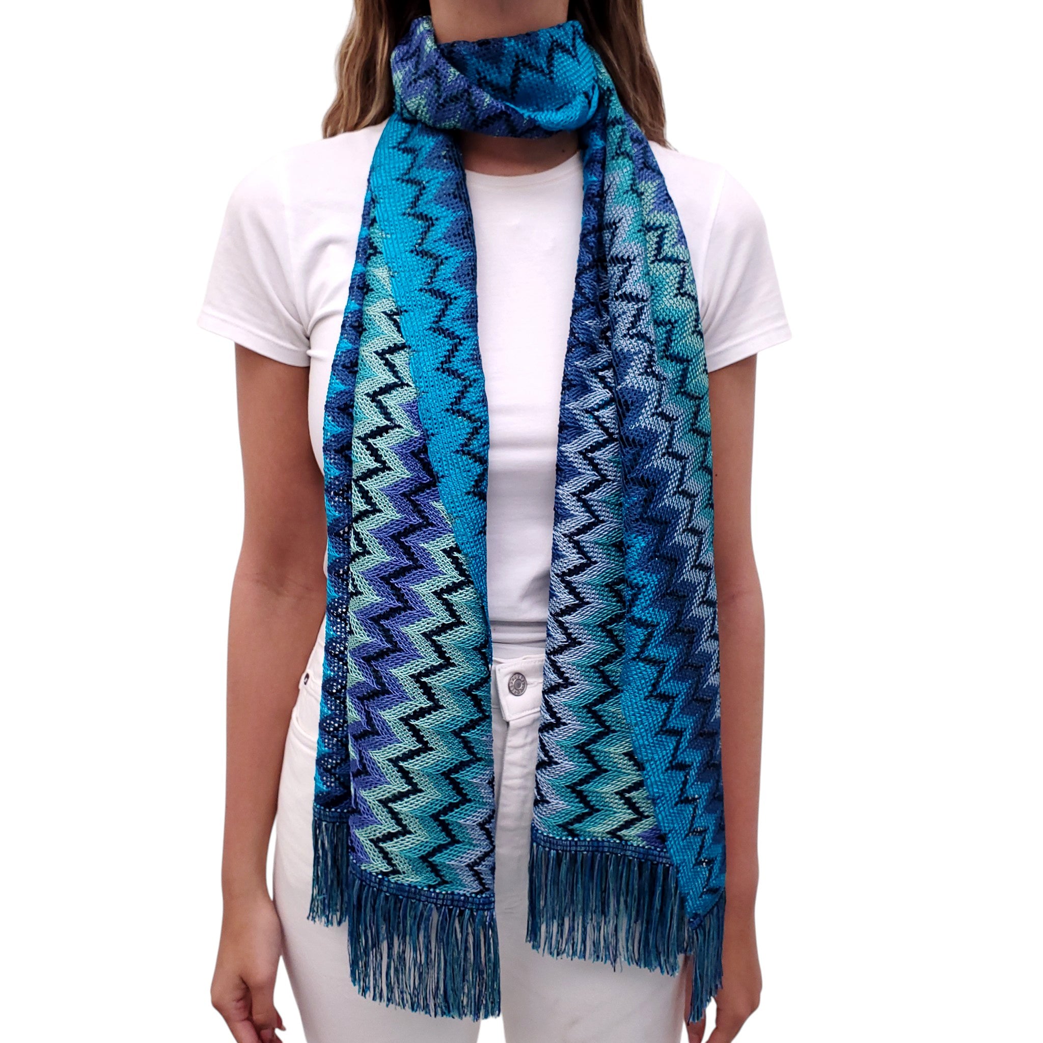 MISSONI ORANGE LABEL METALLIC TEAL CHEVRON PATTERNED SCARF