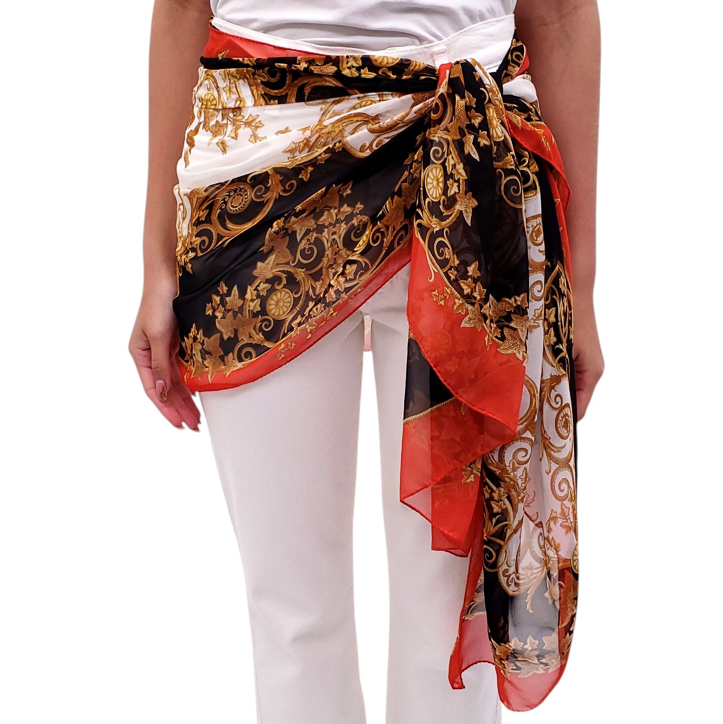 VERSACE BLACK AND GOLD PATTERNED SCARF WITH ORANGE TRIM