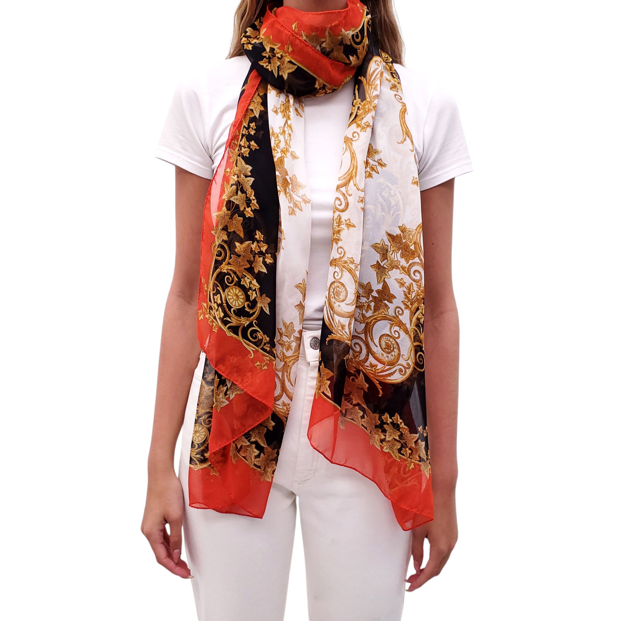 VERSACE BLACK AND GOLD PATTERNED SCARF WITH ORANGE TRIM