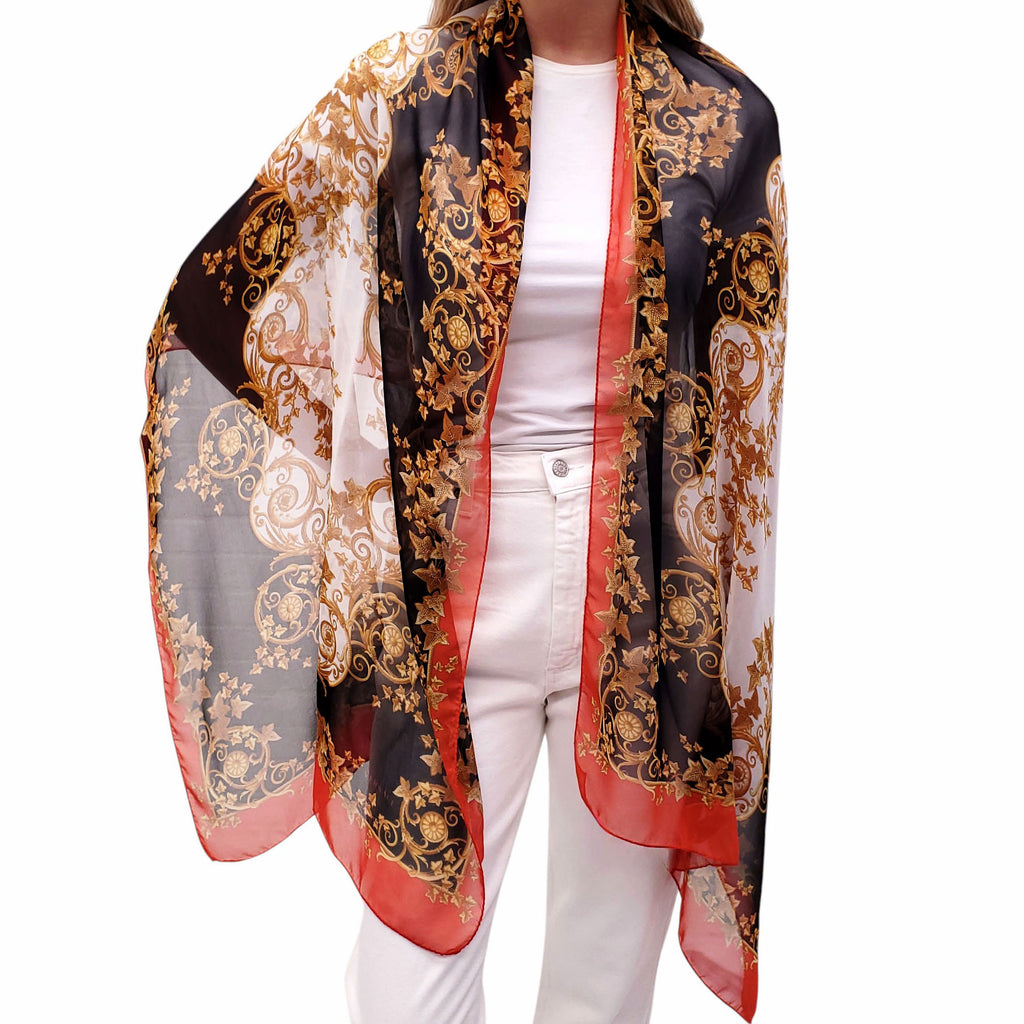 VERSACE BLACK AND GOLD PATTERNED SCARF WITH ORANGE TRIM