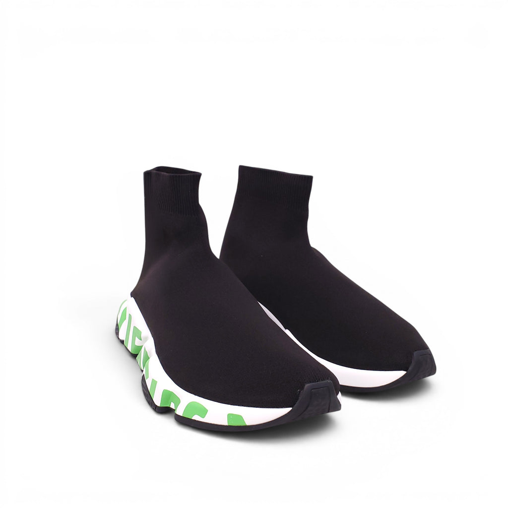 BALENCIAGA BLACK AND FLUORESCENT GREEN KNIT SPEED LT GRAFFITI SNEAKERS - SIZE 40
