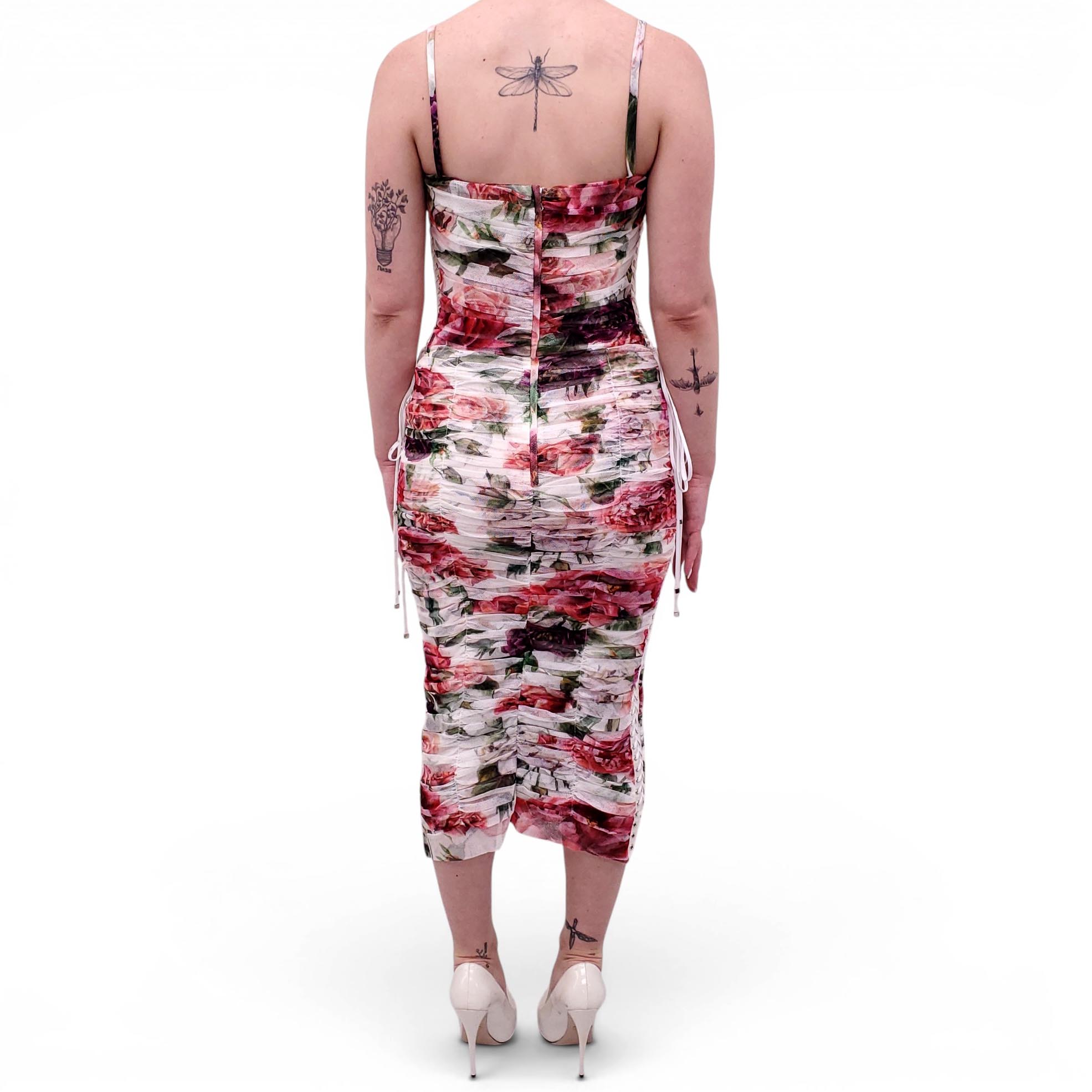 DOLCE & GABBANA WHITE RUCHED MESH MIDI DRESS WITH FLORAL DETAIL DOLCE & GABBANA WHITE RUCHED MESH MIDI DRESS WITH FLORAL DETAIL