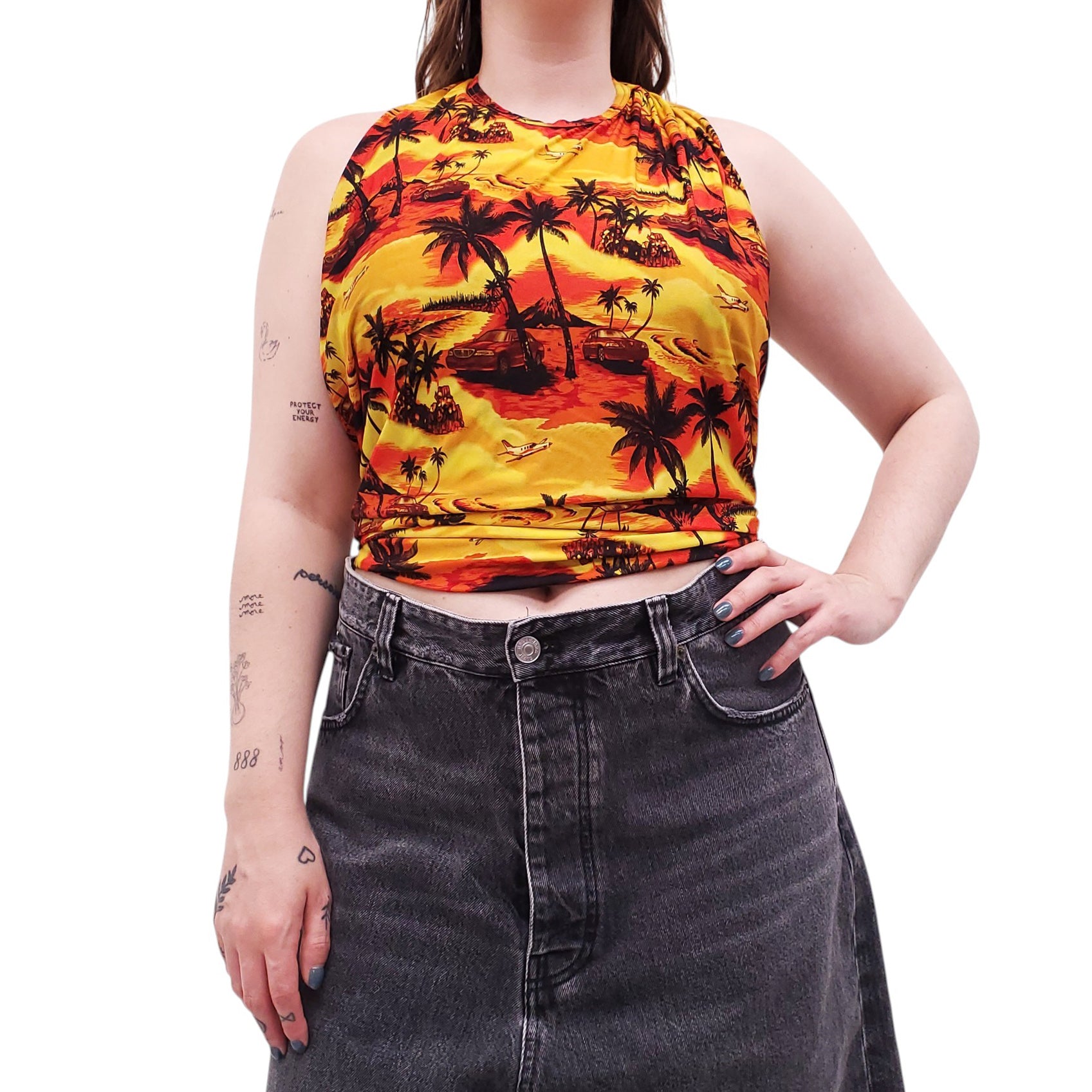 BALENCIAGA ORANGE HAWAIIAN TECHNICAL MESH TOP - SIZE 36 – Rewind