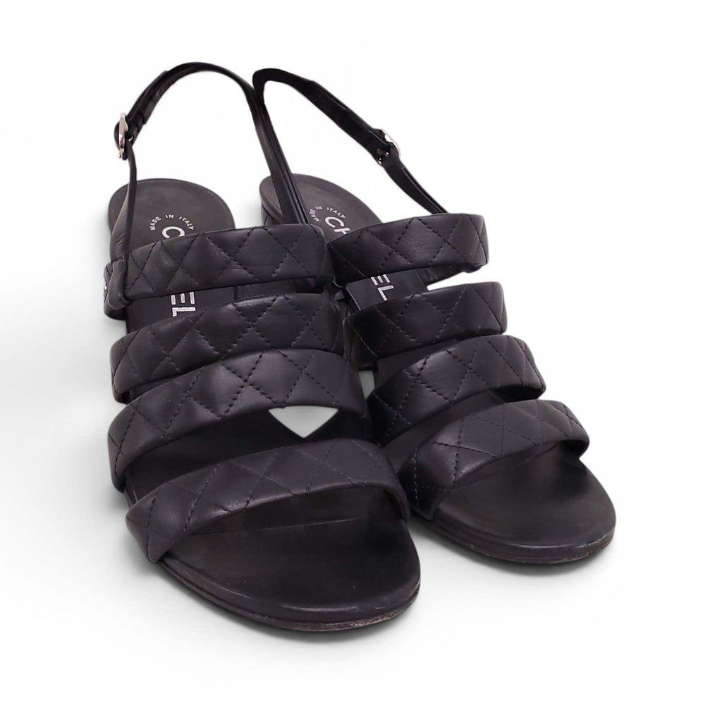 CHANEL QUILTED BLACK LEATHER BLOCK HEELS - SIZE 39.5