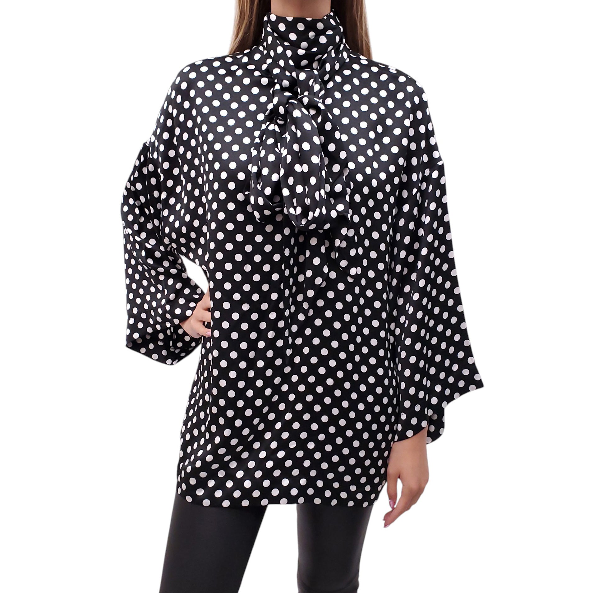SAINT LAURENT BLACK AND WHITE POLKA DOT SATIN TIE-NECK BLOUSE - SIZE 38