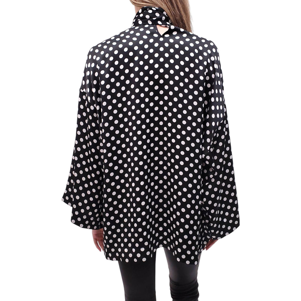 SAINT LAURENT BLACK AND WHITE POLKA DOT SATIN TIE-NECK BLOUSE - SIZE 38