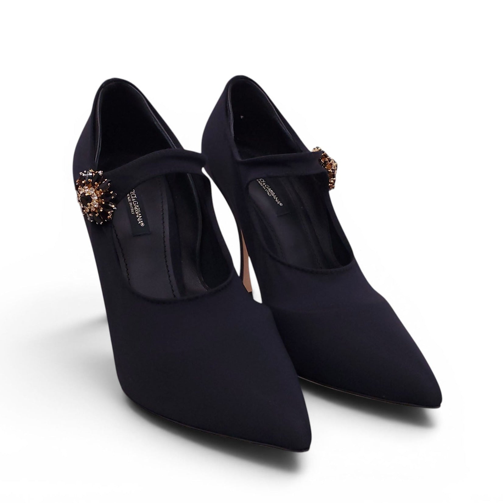 DOLCE & GABBANA BLACK STRETCH MARY JANE HEELS WITH EMBLEM DETAIL - SIZE 39
