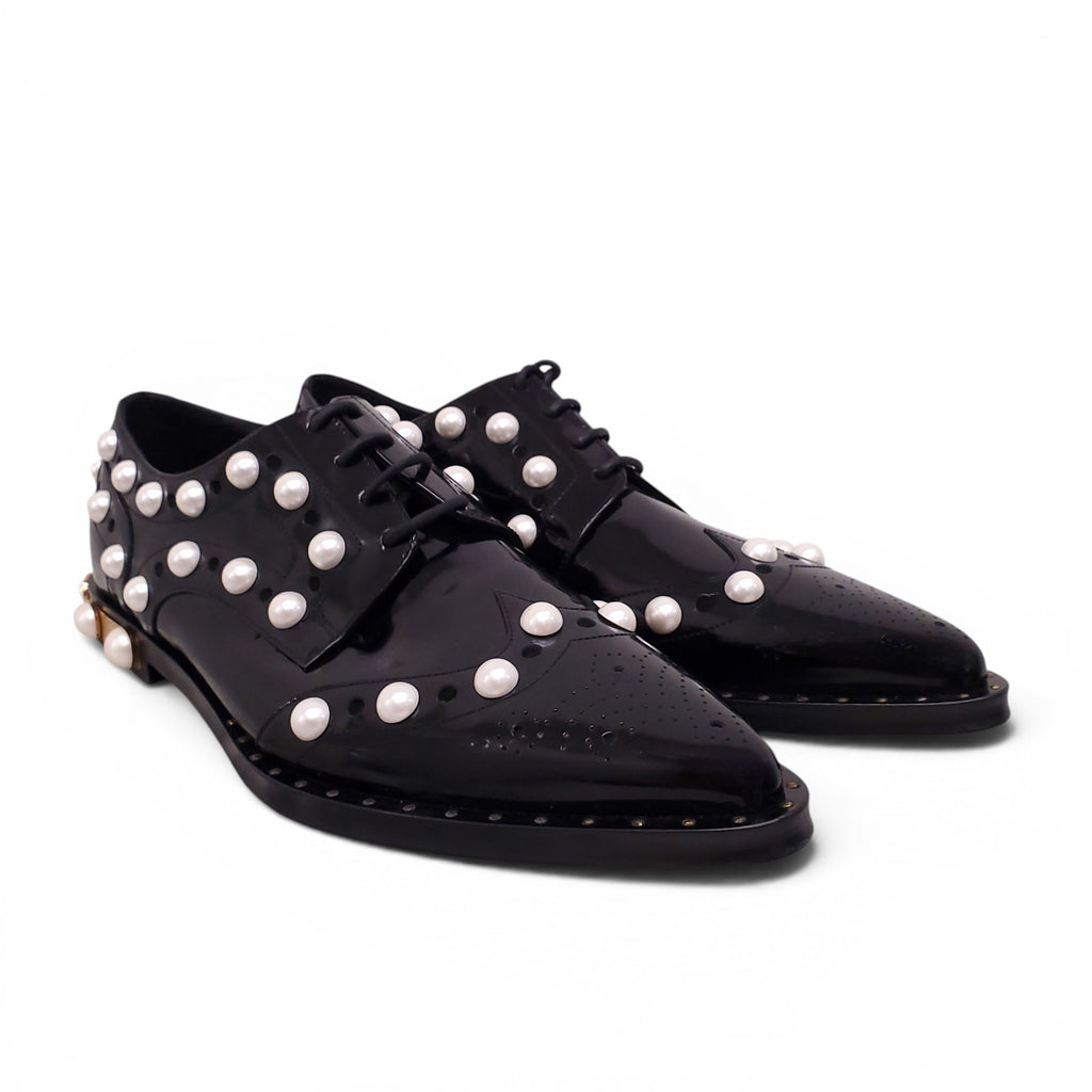 DOLCE & GABBANA BLACK PATENT PEARL OXFORDS - SIZE 40.5