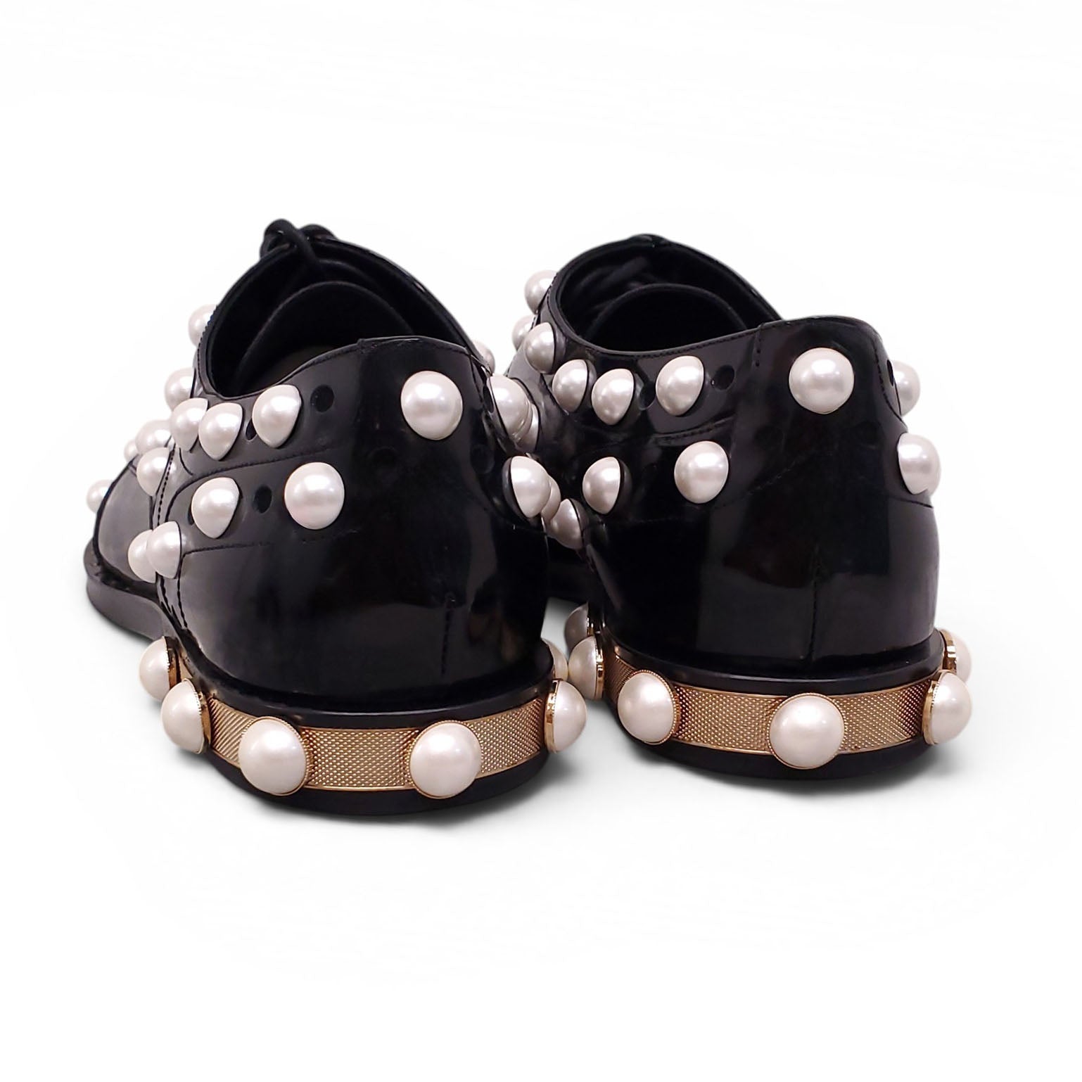 DOLCE & GABBANA BLACK PATENT PEARL OXFORDS - SIZE 40.5
