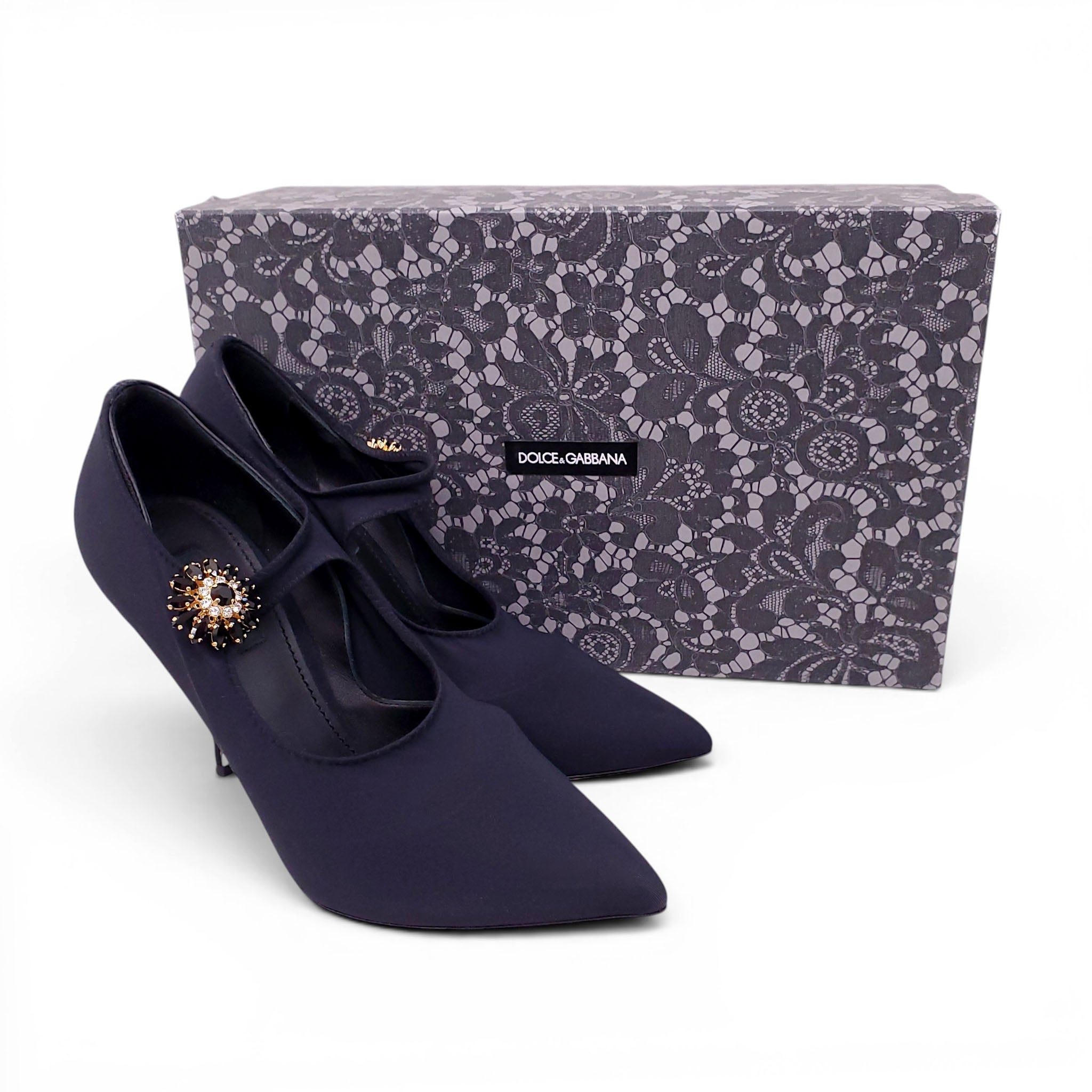 DOLCE & GABBANA BLACK STRETCH MARY JANE HEELS WITH EMBLEM DETAIL - SIZE 39