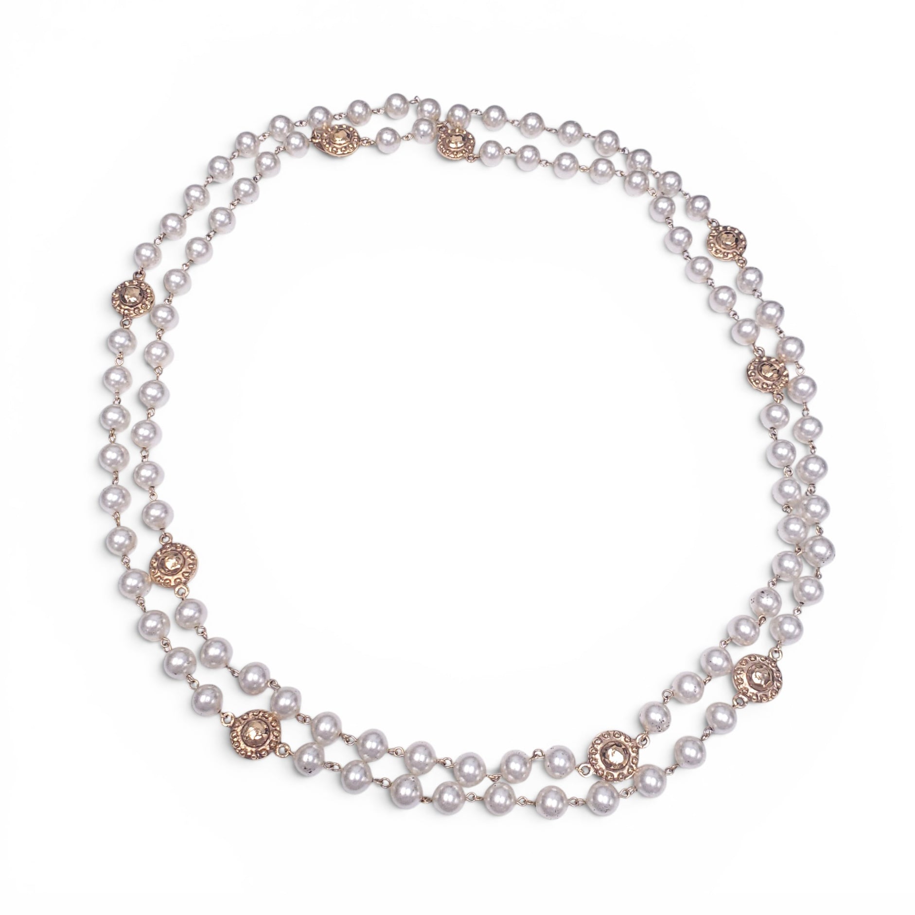 CHANEL FAUX PEARL STUDDED DOUBLE STRAND NECKLACE