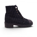 CHANEL BLACK TWEED MOTO BOOTS WITH CC LOGO AND PEARL - SIZE 39