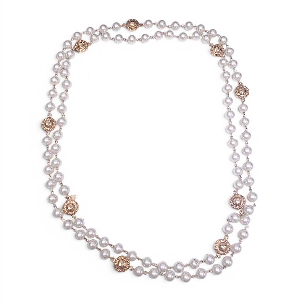 CHANEL FAUX PEARL STUDDED DOUBLE STRAND NECKLACE