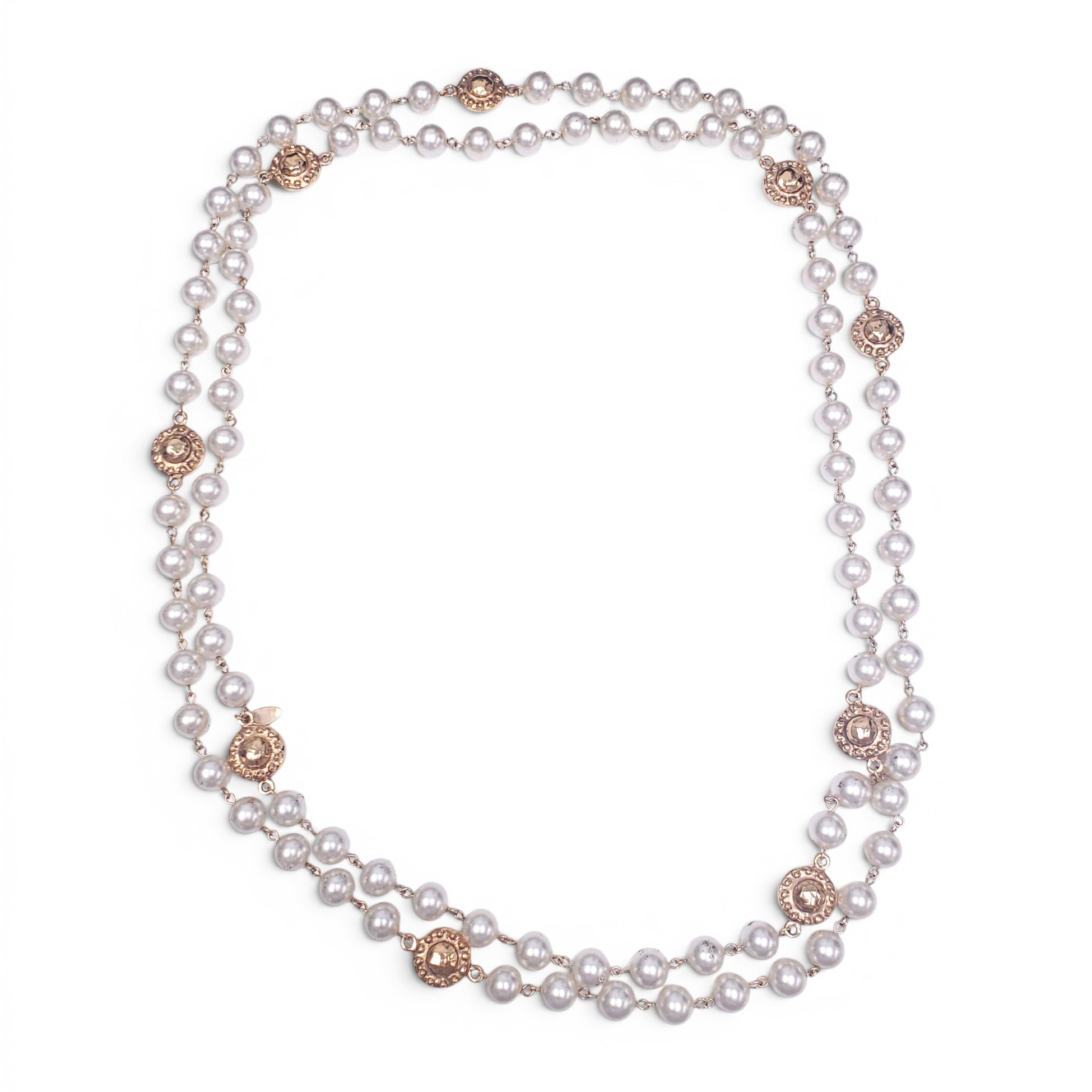 CHANEL FAUX PEARL STUDDED DOUBLE STRAND NECKLACE