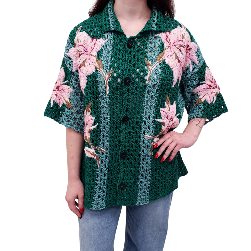 VALENTINO GREEN AND PINK CROCHET KNIT CARDIGAN - SIZE L