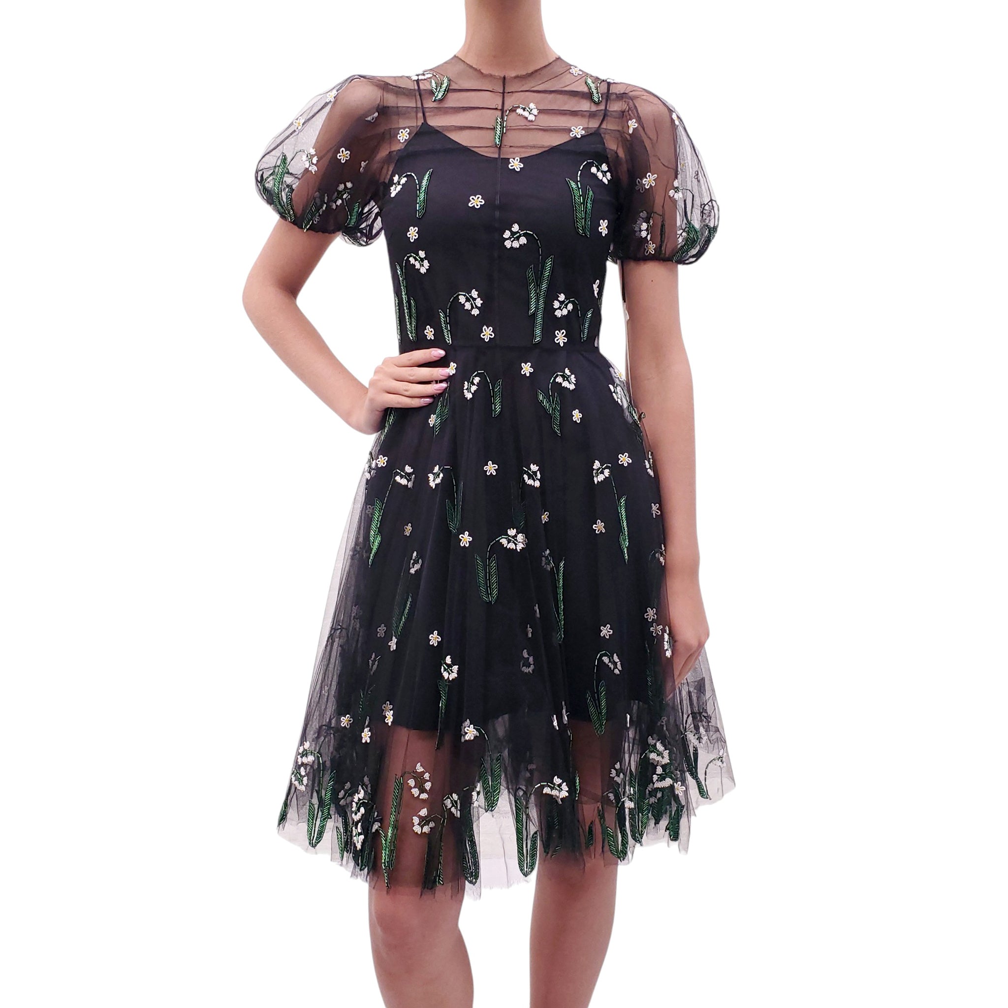 VALENTINO BLACK BEADED TULLE MINI DRESS - SIZE 40