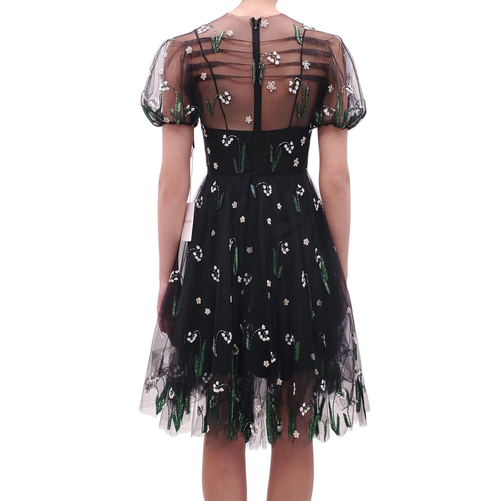 VALENTINO BLACK BEADED TULLE MINI DRESS - SIZE 40