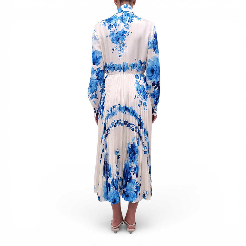 VALENTINO CREAM AND BLUE FLORAL PLEATED DRESS - SIZE 40