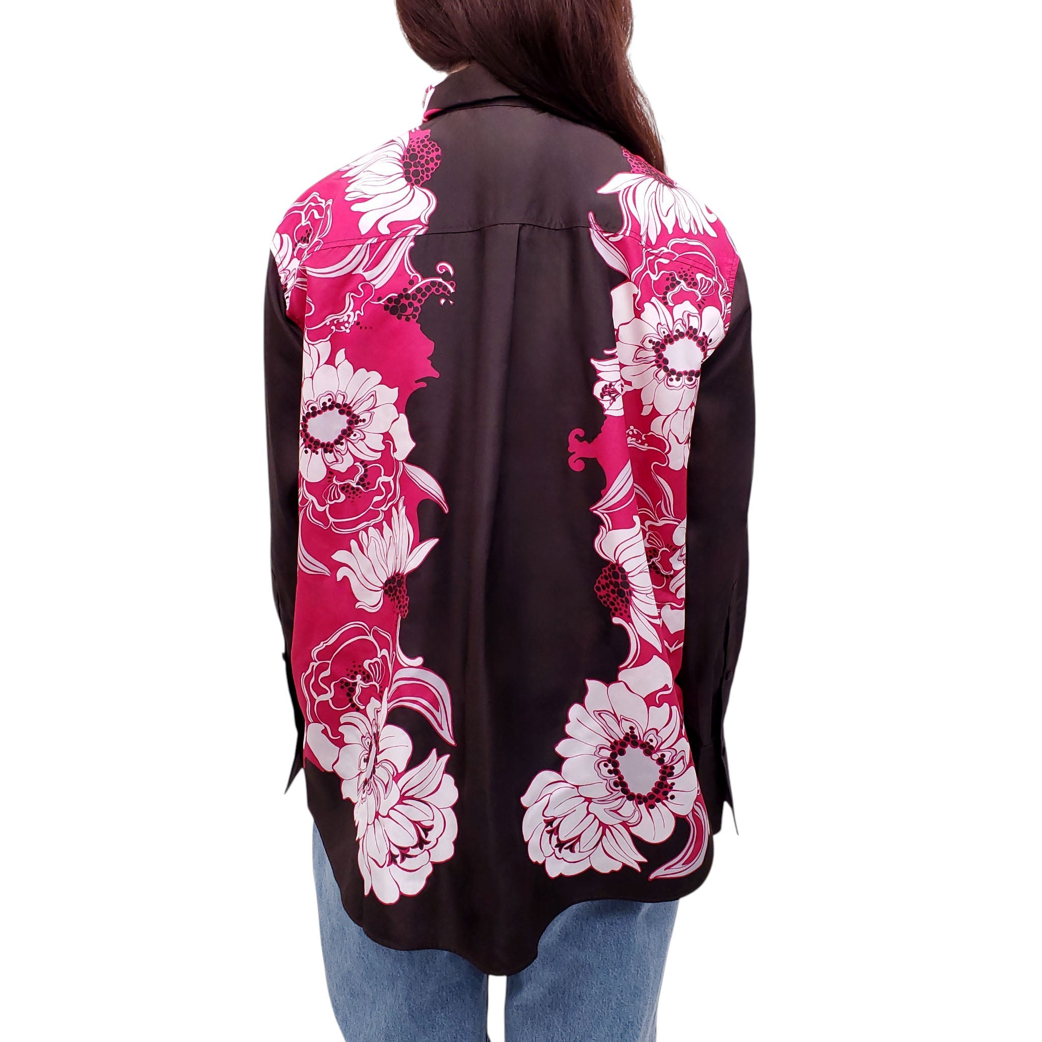 VALENTINO BROWN AND PINK FLORAL PATTERNED SILK BLOUSE - SIZE 40