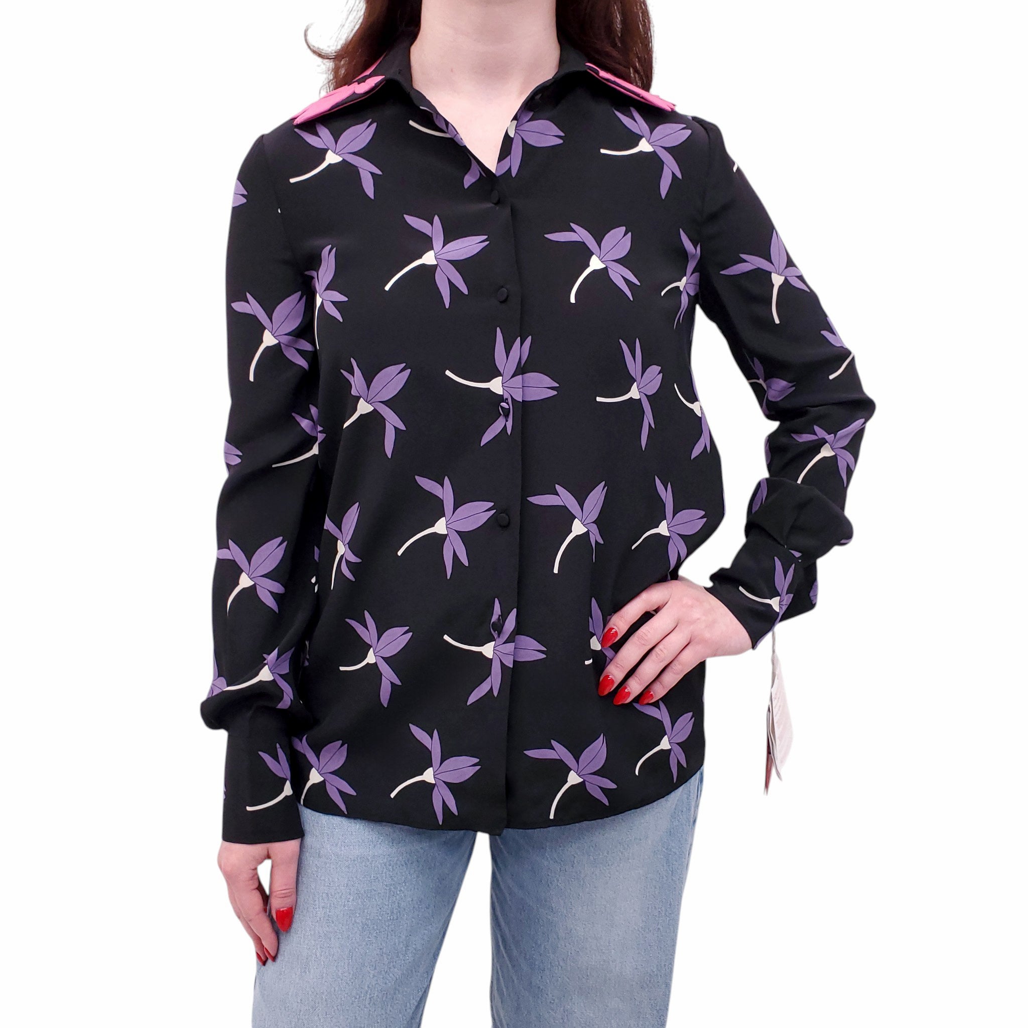 VALENTINO BLACK AND PURPLE FLORAL PATTERNED SILK BLOUSE - SIZE 38