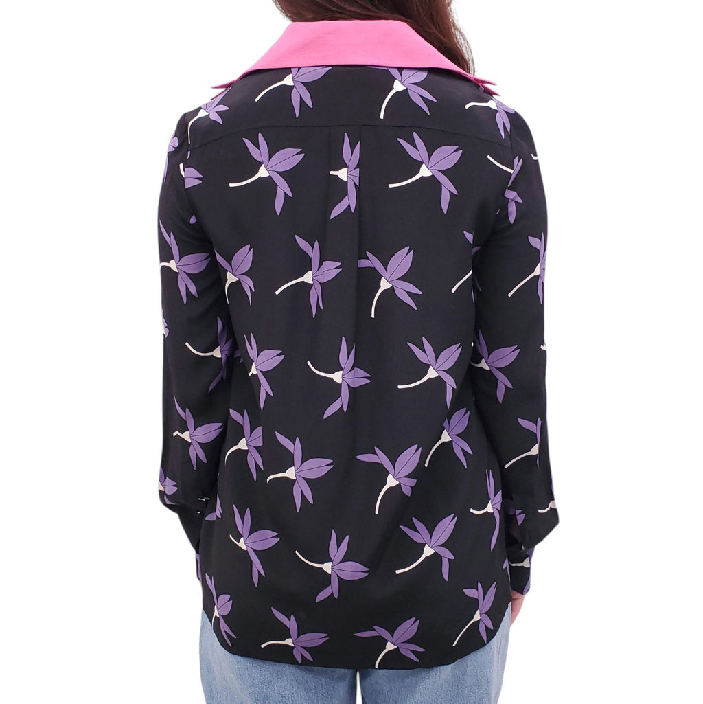 VALENTINO BLACK AND PURPLE FLORAL PATTERNED SILK BLOUSE - SIZE 38