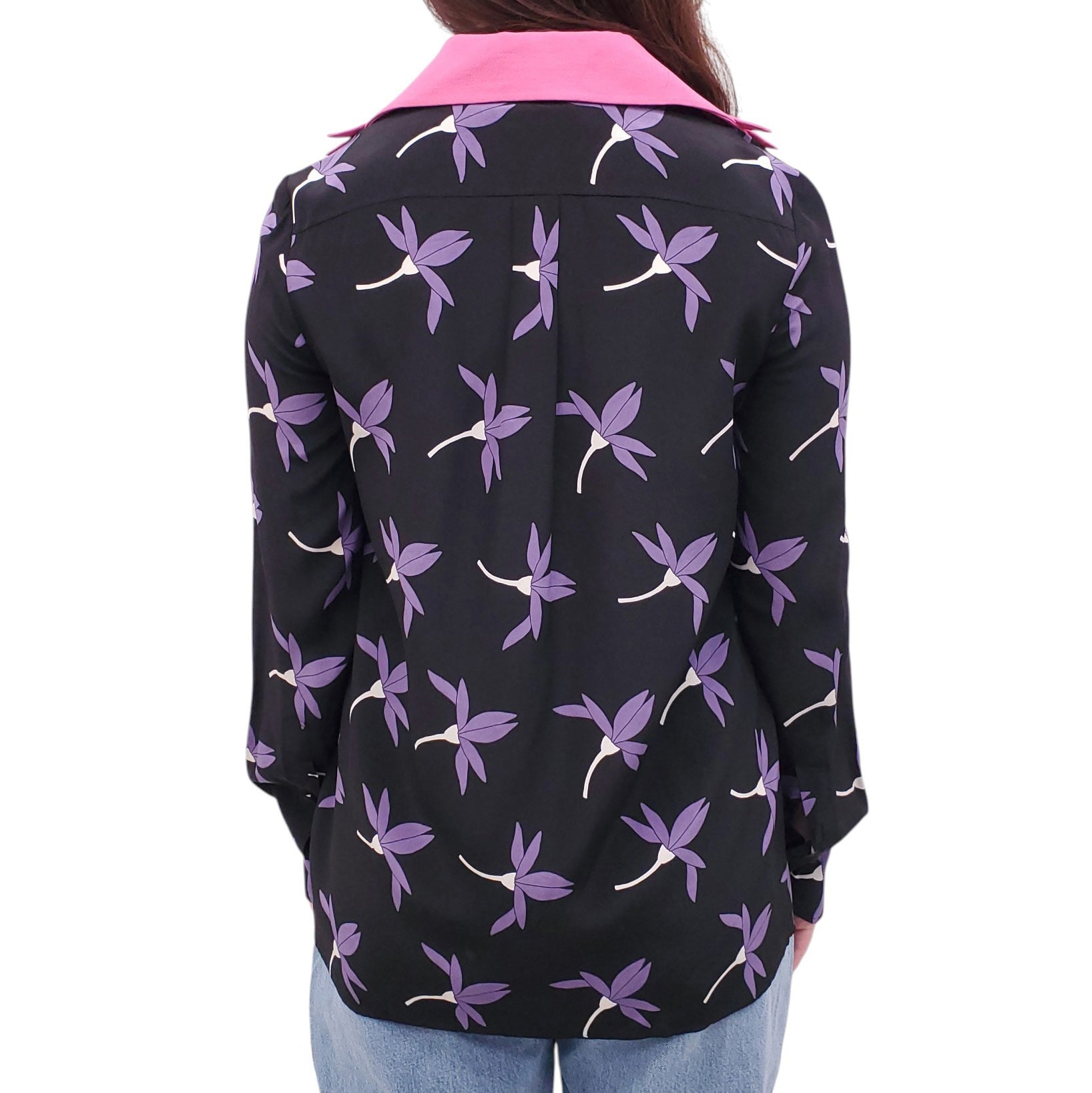 VALENTINO BLACK AND PURPLE FLORAL PATTERNED SILK BLOUSE - SIZE 38