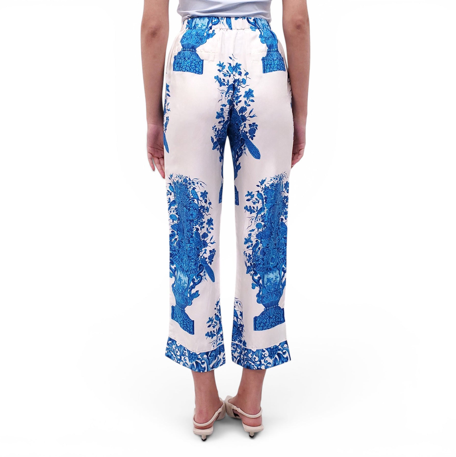 VALENTINO CREAM AND BLUE PRINTED SILK-TWILL PANTS - SIZE 40