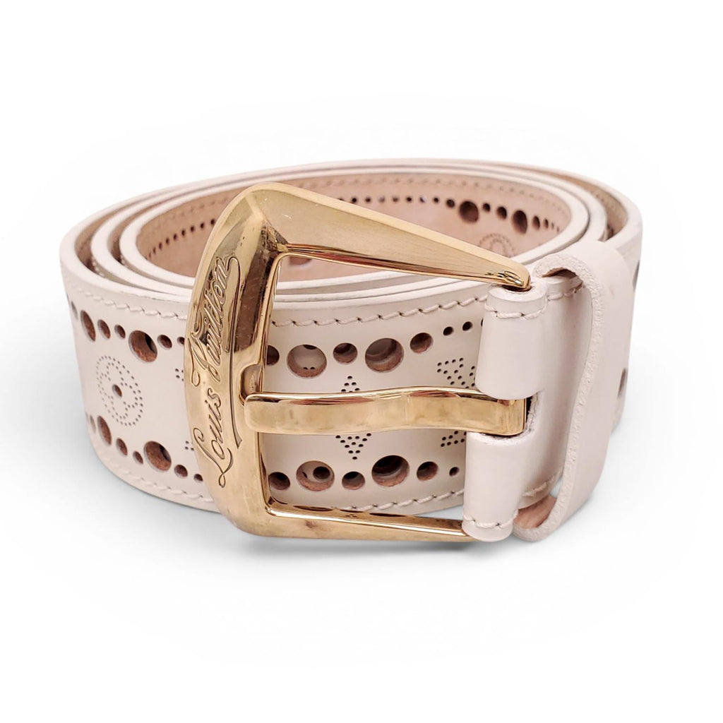 LOUIS VUITTON CREAM LOGO LAZER CUT BELT - SIZE 85