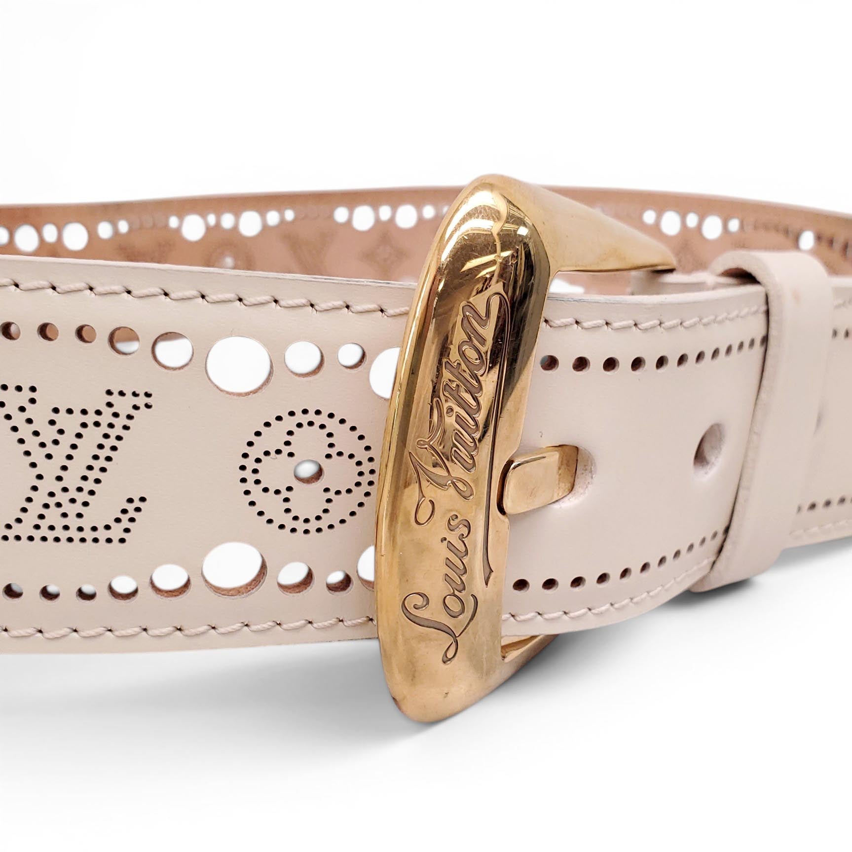 LOUIS VUITTON CREAM LOGO LAZER CUT BELT - SIZE 85