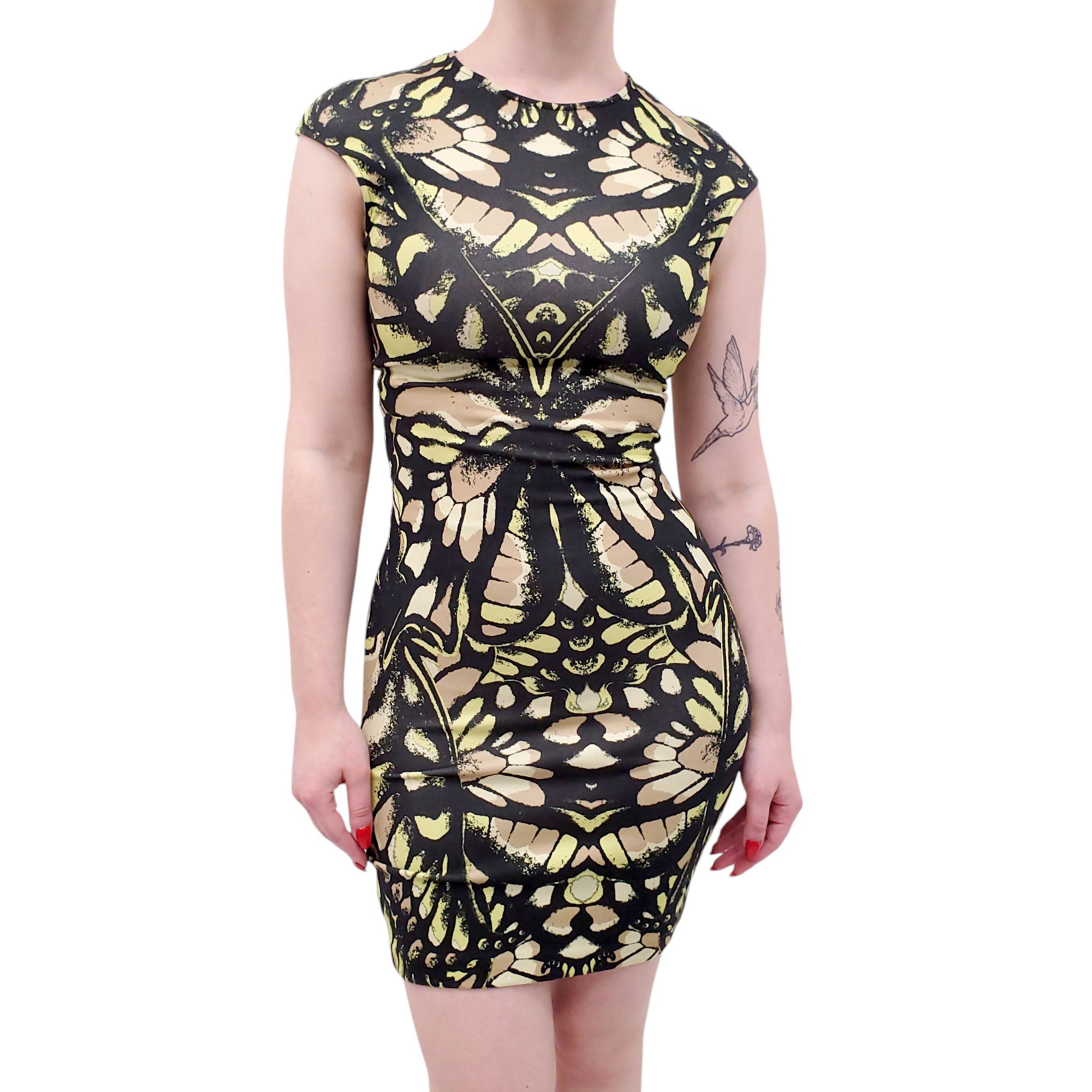 MCQ ALEXANDER MCQUEEN BLACK AND YELLOW BUTTERFLY PATTERNED DRESS - SIZE XS