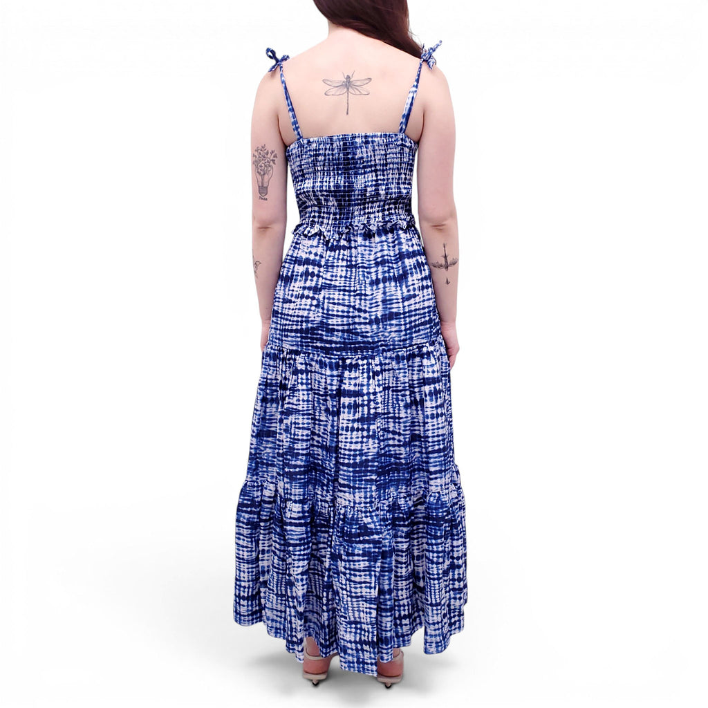 SOLID & STRIPED BLUE AND WHITE TIERED COTTON DRESS - SIZE XS