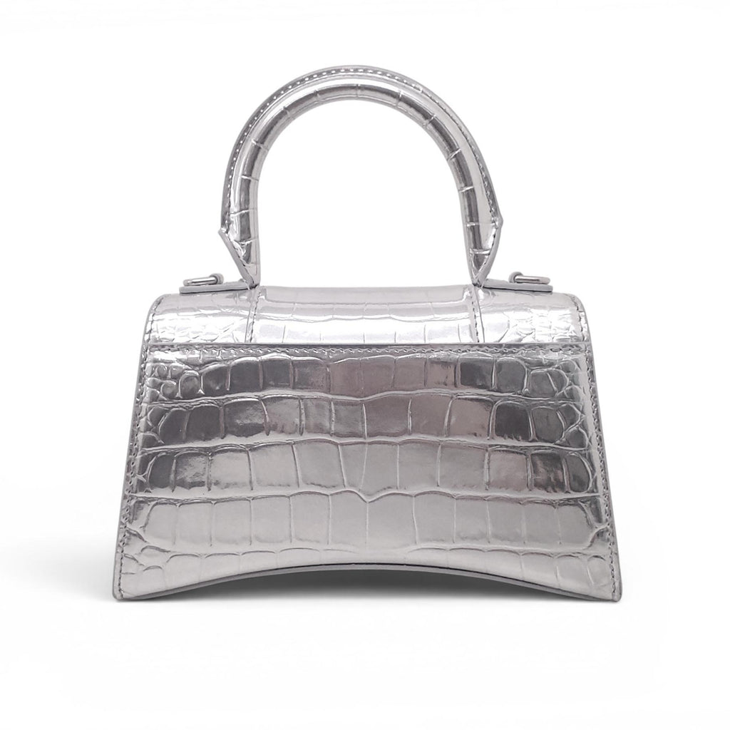 BALENCIAGA SILVER METALLIC CROC-EFFECT HOURGLASS BAG
