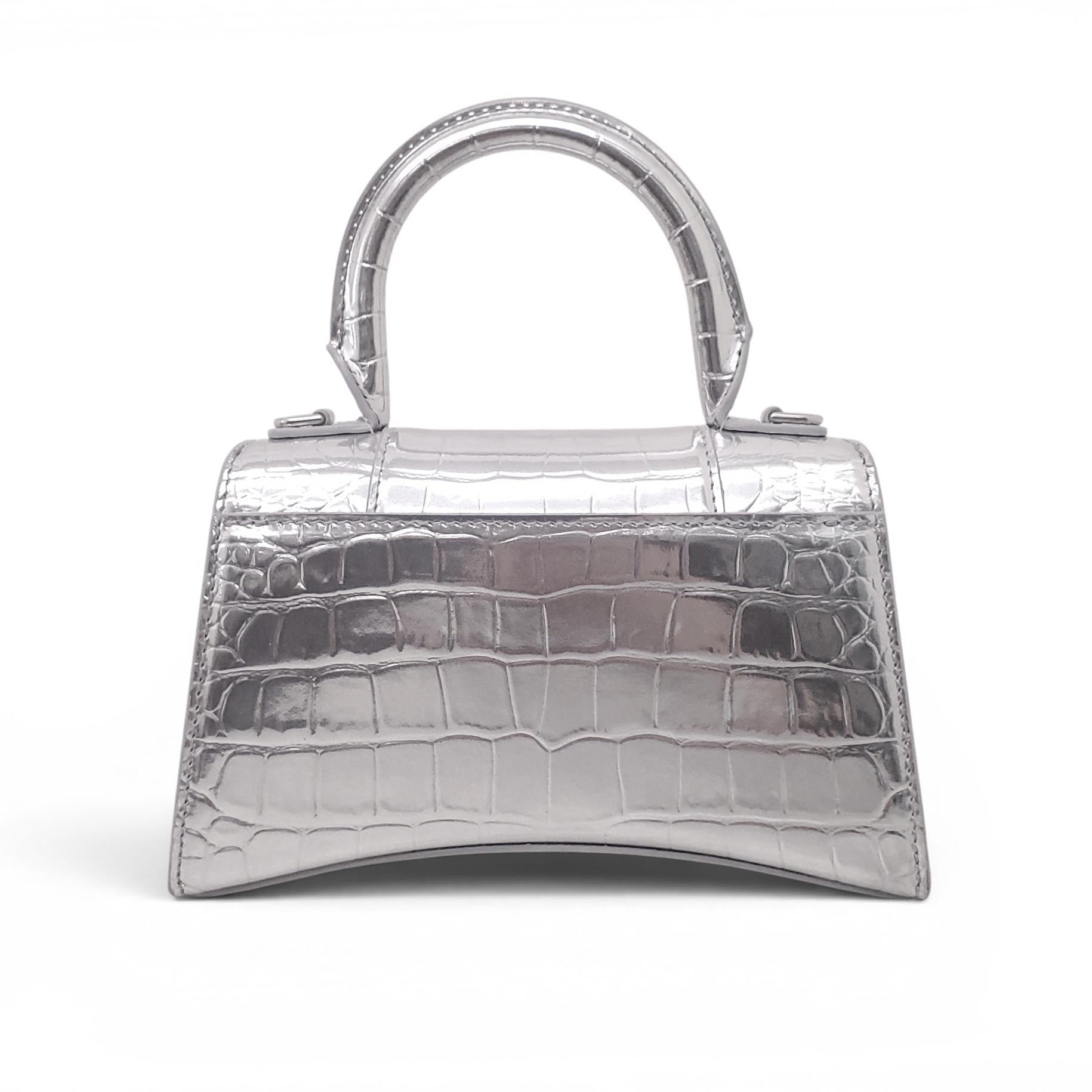 BALENCIAGA SILVER METALLIC CROC-EFFECT HOURGLASS BAG