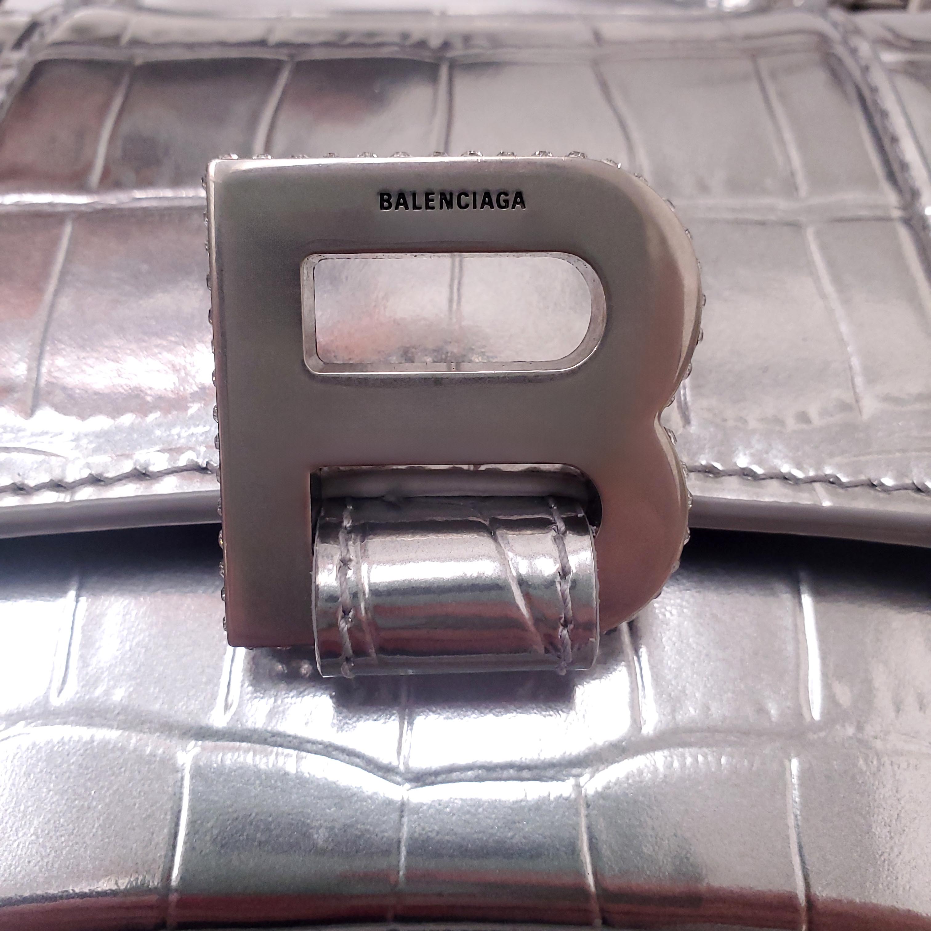 BALENCIAGA SILVER METALLIC CROC-EFFECT HOURGLASS BAG