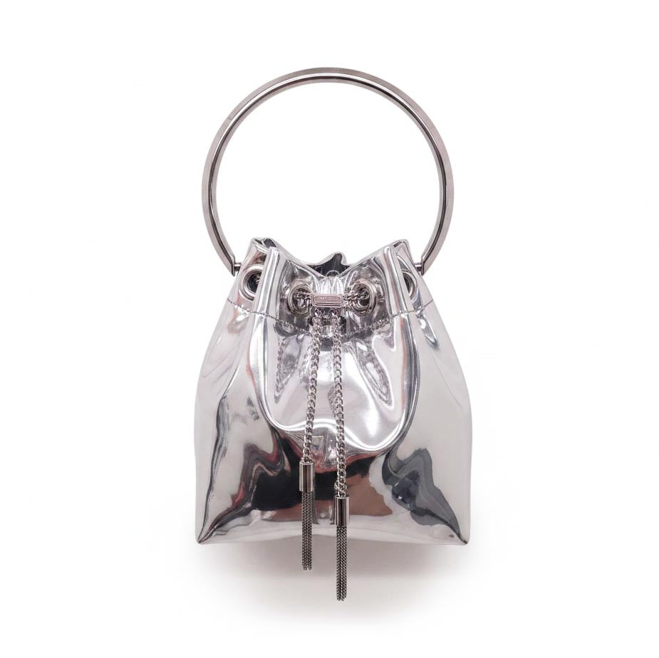 JIMMY CHOO SILVER METALLIC BON-BON BUCKET BAG