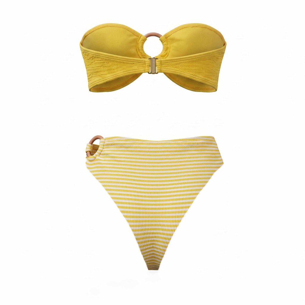 CLEONIE YELLOW STRIPED BIKINI WITH WOODEN DETAIL - SIZE O/S