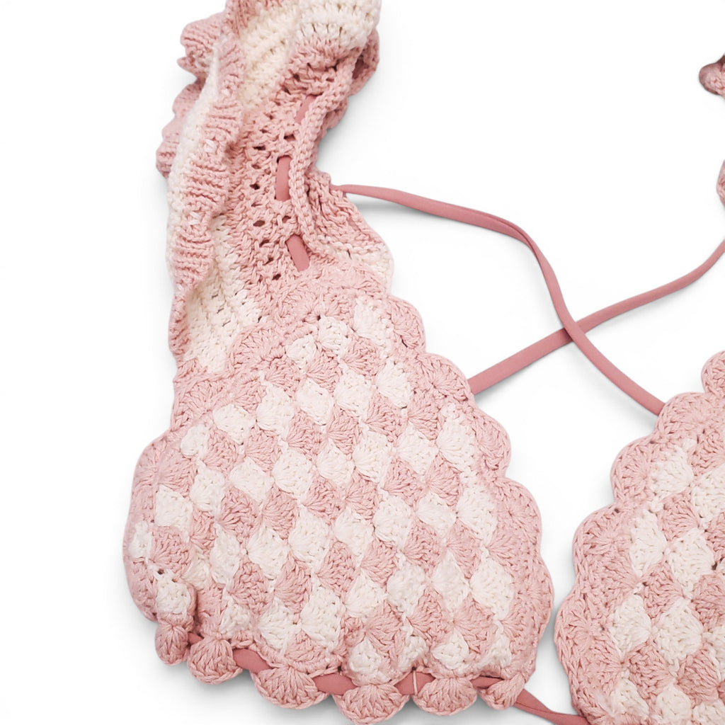 ZIMMERMANN PINK AND WHITE CLOVER CROCHET BINIKI - SIZE 2 (US 8)