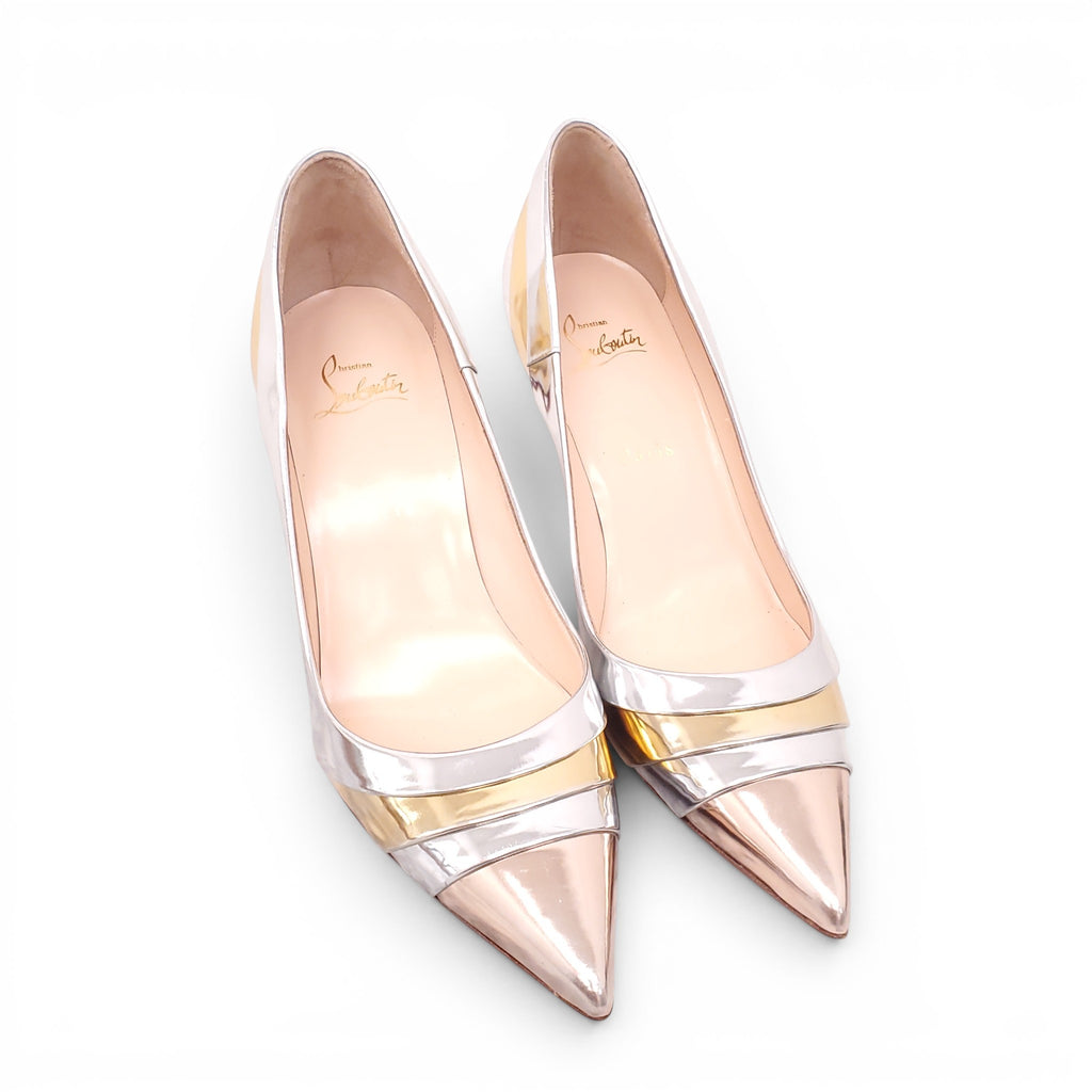 CHRISTIAN LOUBOUTIN SILVER AND GOLD PATENT HEELS - SIZE 39