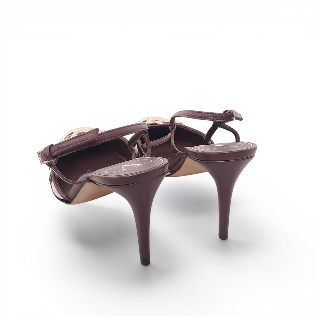 VALENTINO BROWN LOGO SLINGBACK HEELS WITH GOLD HARDWARE - SIZE 37.5